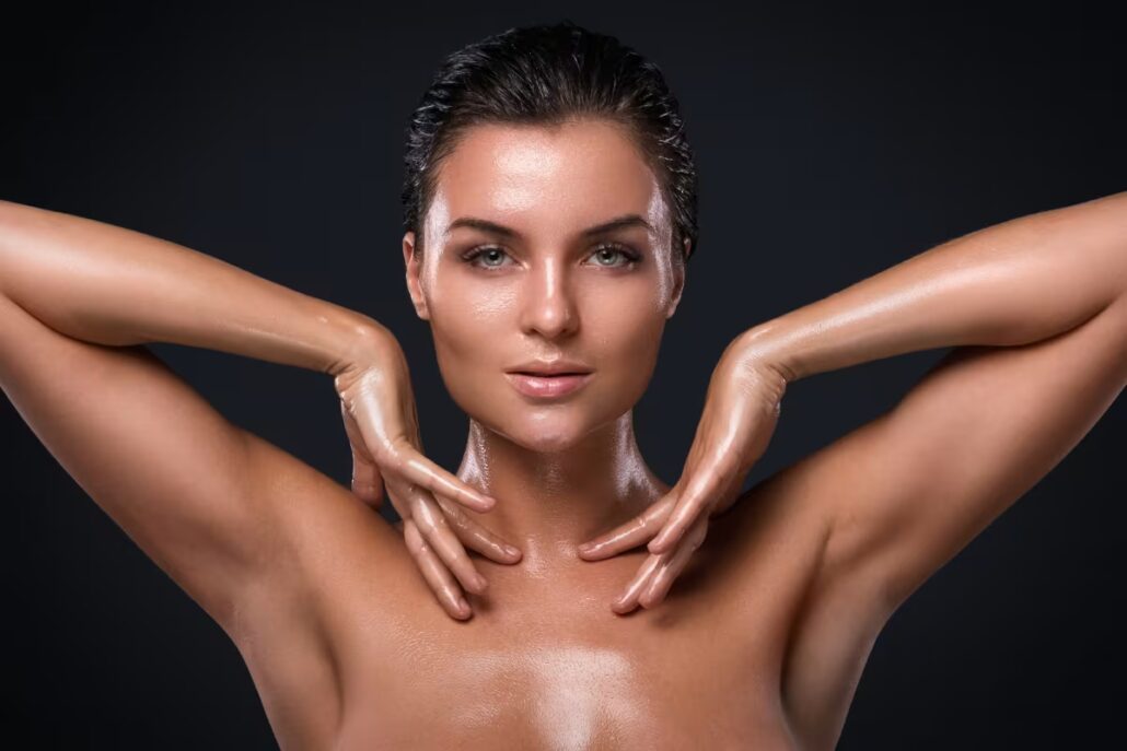 Woman with radiant, glowing skin and confident pose, showing post-treatment results of CO2 laser resurfacing.