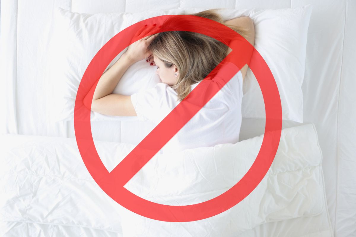 Woman sleeping on stomach with red prohibition symbol, warning against back or stomach sleeping post-surgery.