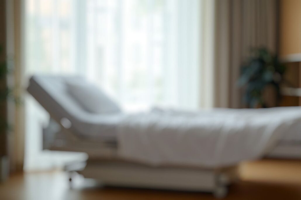 Blurred view of an adjustable hospital-style bed positioned upright near a window, ideal for post-surgery rest.