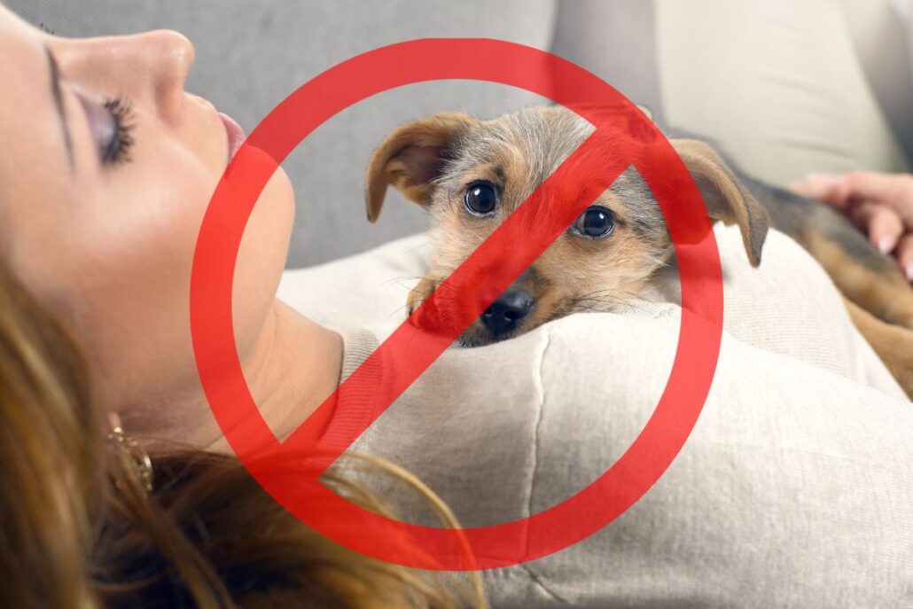 Woman lying down with small dog on chest, crossed out to indicate no pets allowed during post-surgical recovery.