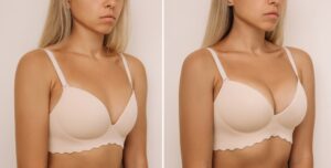 Side-by-side comparison of woman before and after breast augmentation showing enhanced size and shape in nude bra.